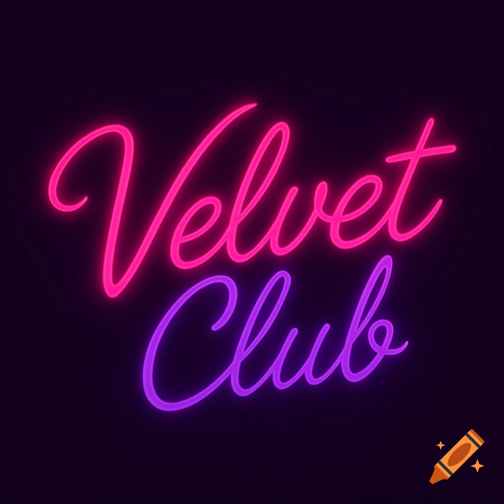 The words 'Velvet Club' in glowing pink and purple neon script against a dark background.