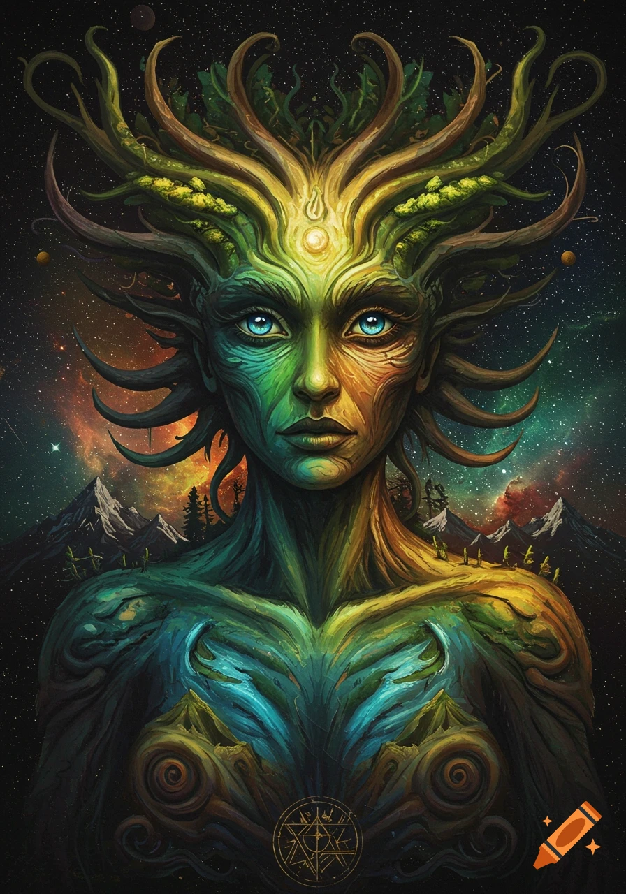 Abstract portrait of a Mother Earth-like figure with tree-like hair and vibrant green and orange skin, set against a starry cosmic background with mountains.