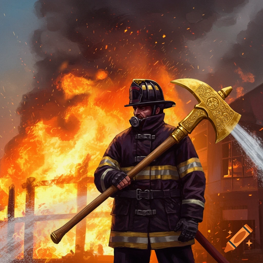 An illustration of a firefighter holding a golden axe against a backdrop of a building engulfed in flames.