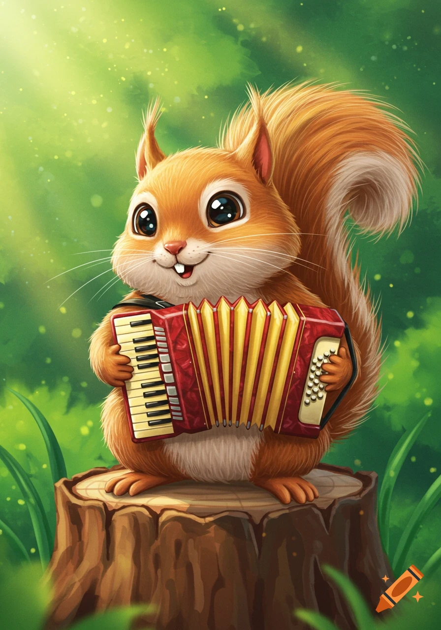 A smiling, cute cartoon squirrel with large eyes plays a red accordion while standing on a tree stump in a green forest.
