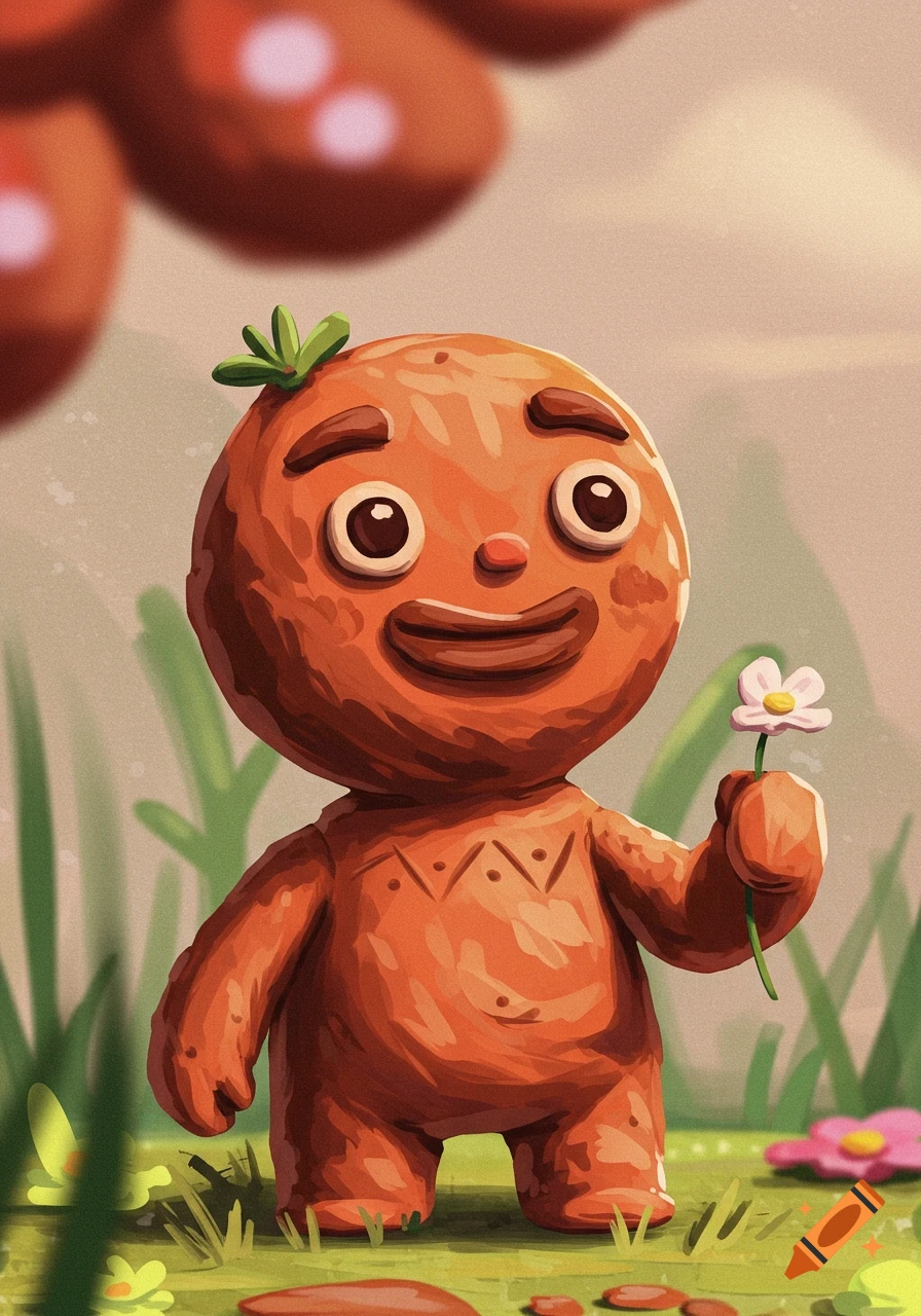 An orange clay character with big eyes stands in green grass, holding a small white flower. The character has a cheerful expression.