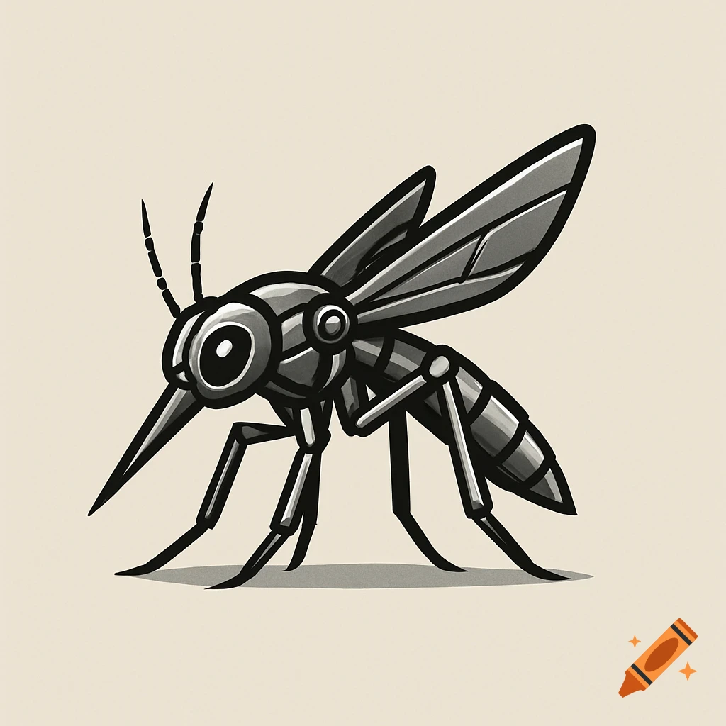 A stylized black and white illustration of a robotic mosquito with metallic wings and legs on a light background.