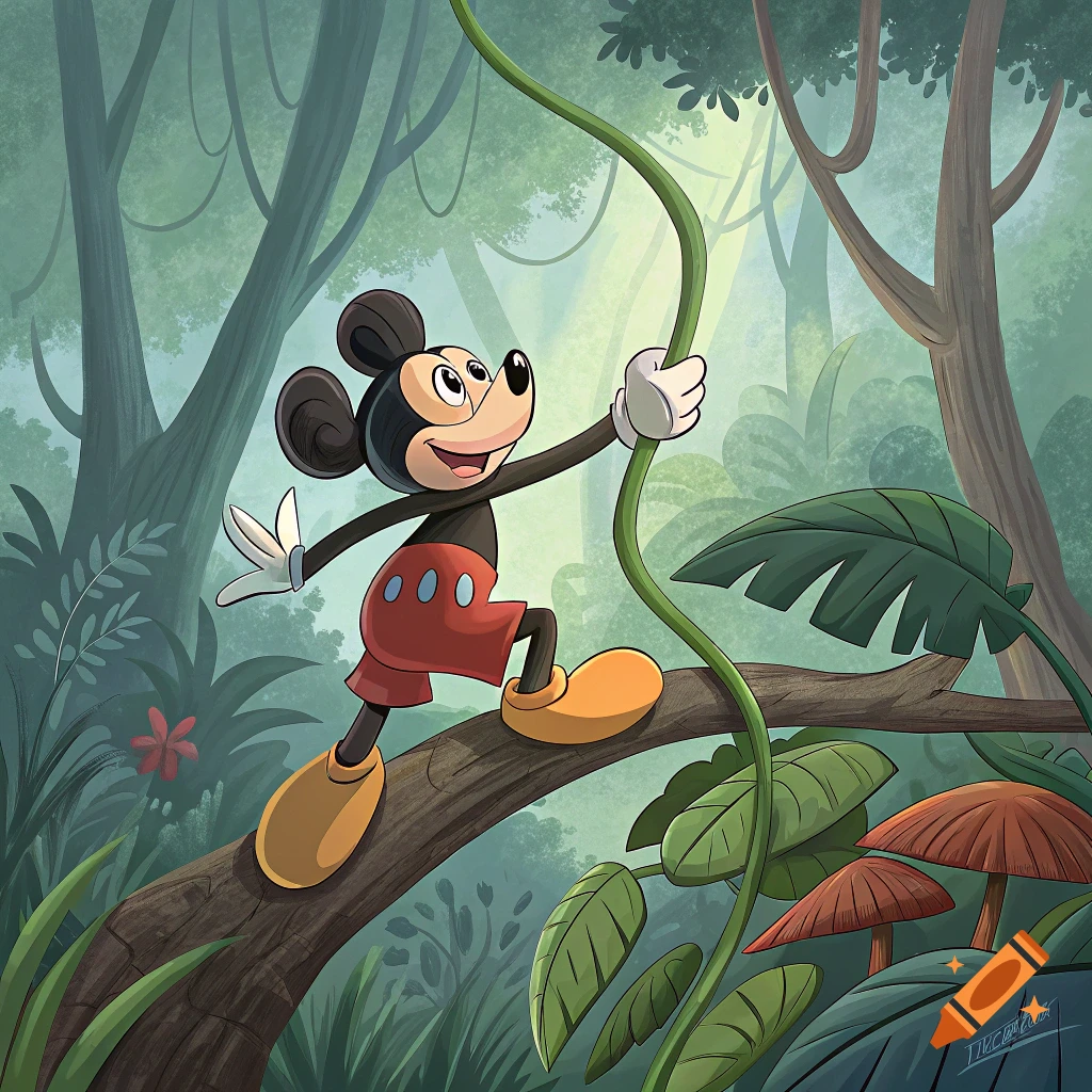 Mickey Mouse in his classic outfit stands on a jungle tree branch, holding a green vine.