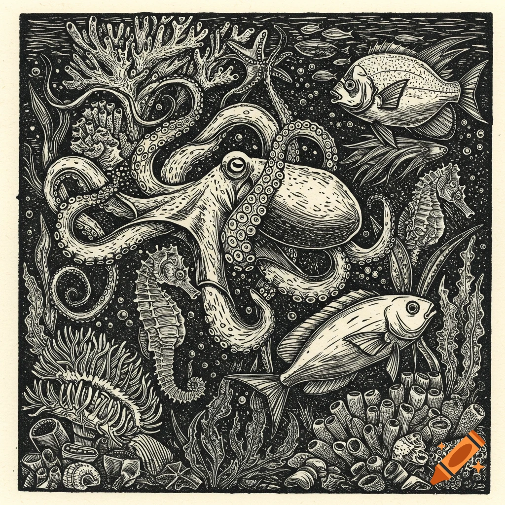 A black and white woodcut print featuring an octopus, fish, and seahorses surrounded by coral and marine plants underwater.