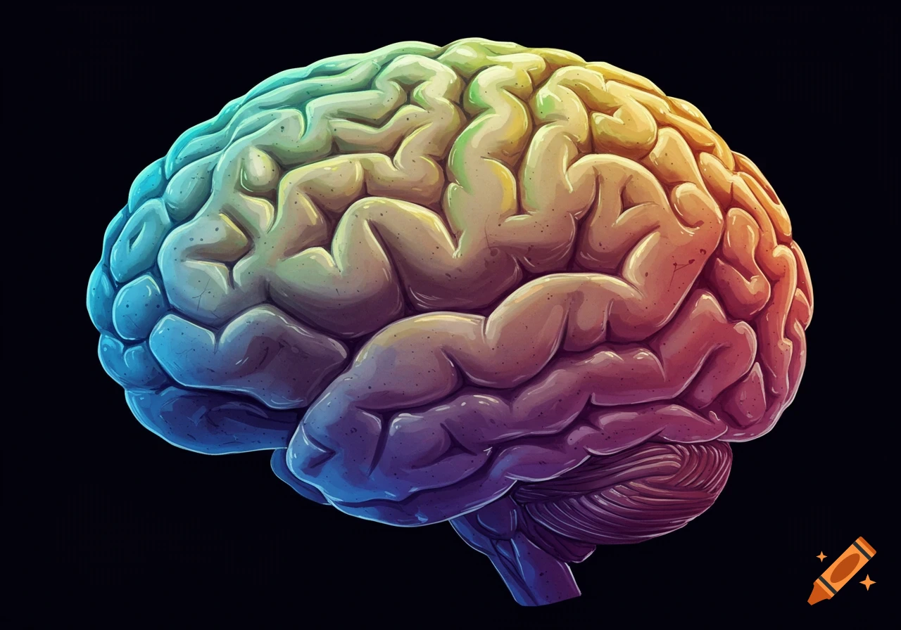 A colorful, stylized illustration of a human brain against a black background.