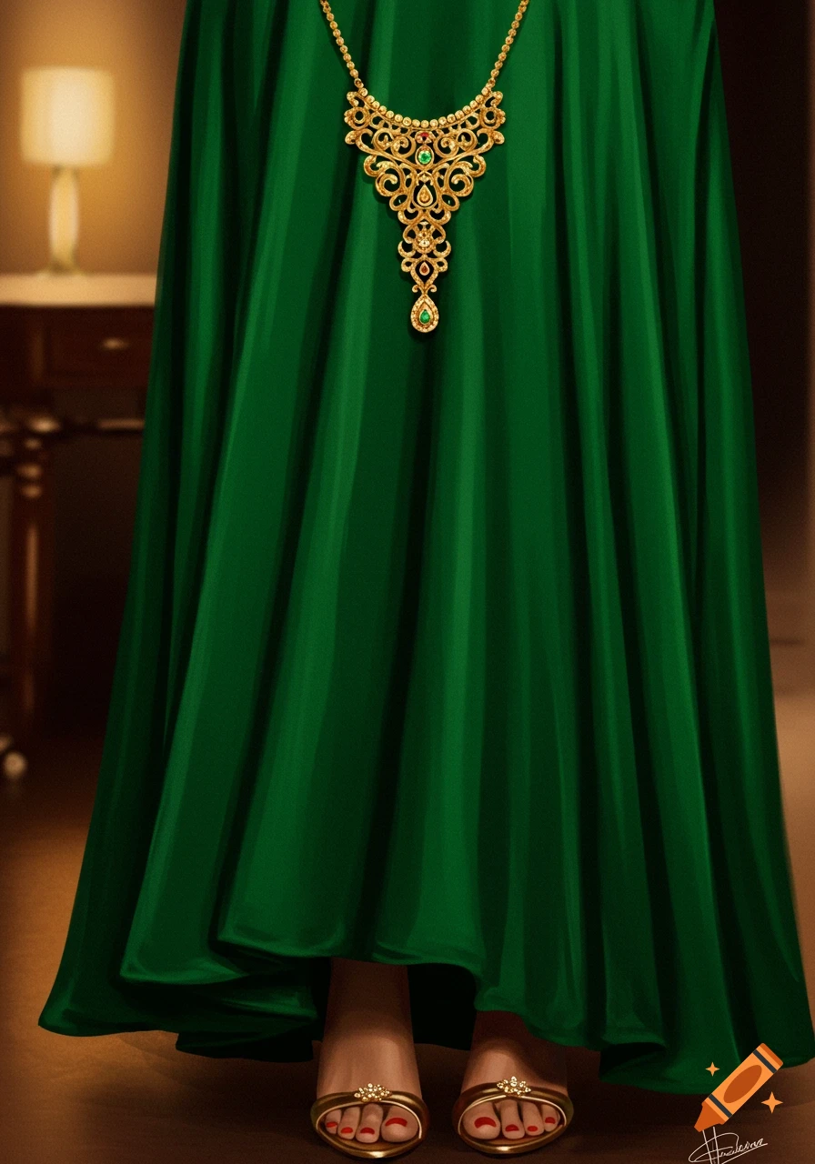 A person wears a long emerald green dress, gold high-heeled sandals, and a large gold necklace with green gems.