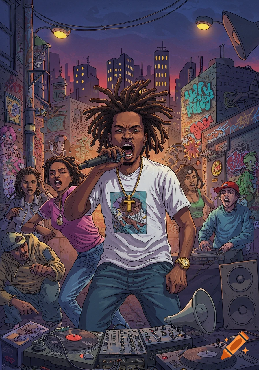A vibrant illustration of a hip-hop performance in an urban alley at dusk. A male rapper with dreadlocks sings into a microphone, surrounded by DJs and other people. Graffiti covers the walls of the city buildings.