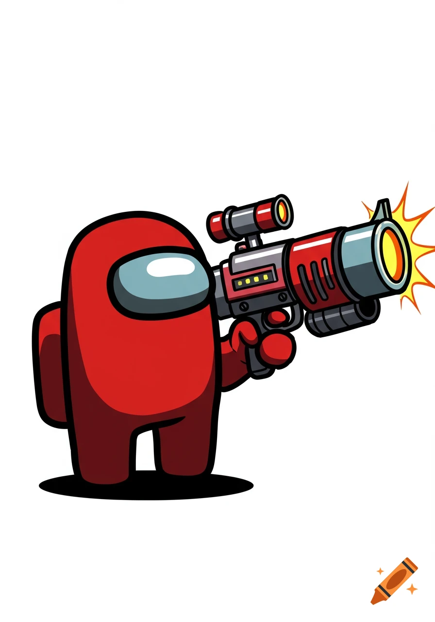 A red Among Us character holds a large red and grey laser gun, ready to fire, against a white background.