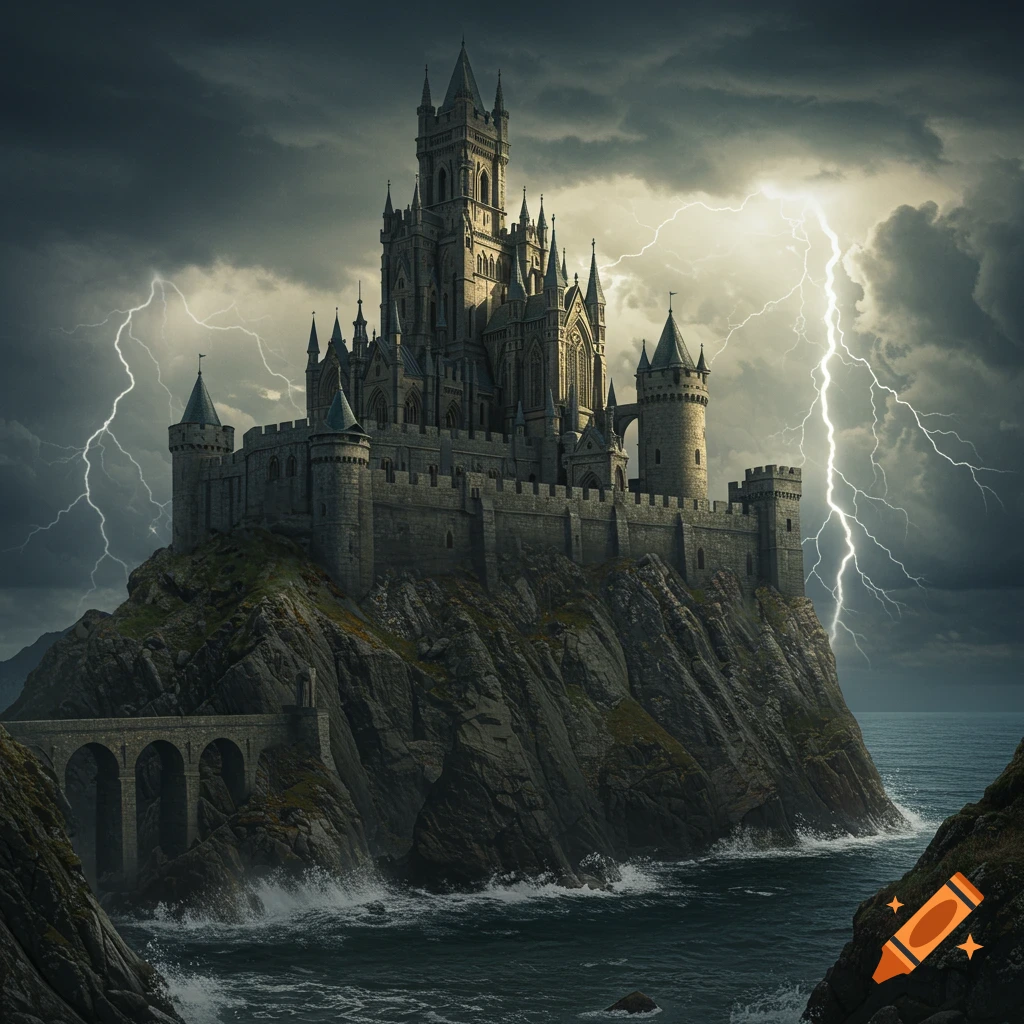 A dramatic gothic castle sits atop a rocky cliff overlooking a stormy ...