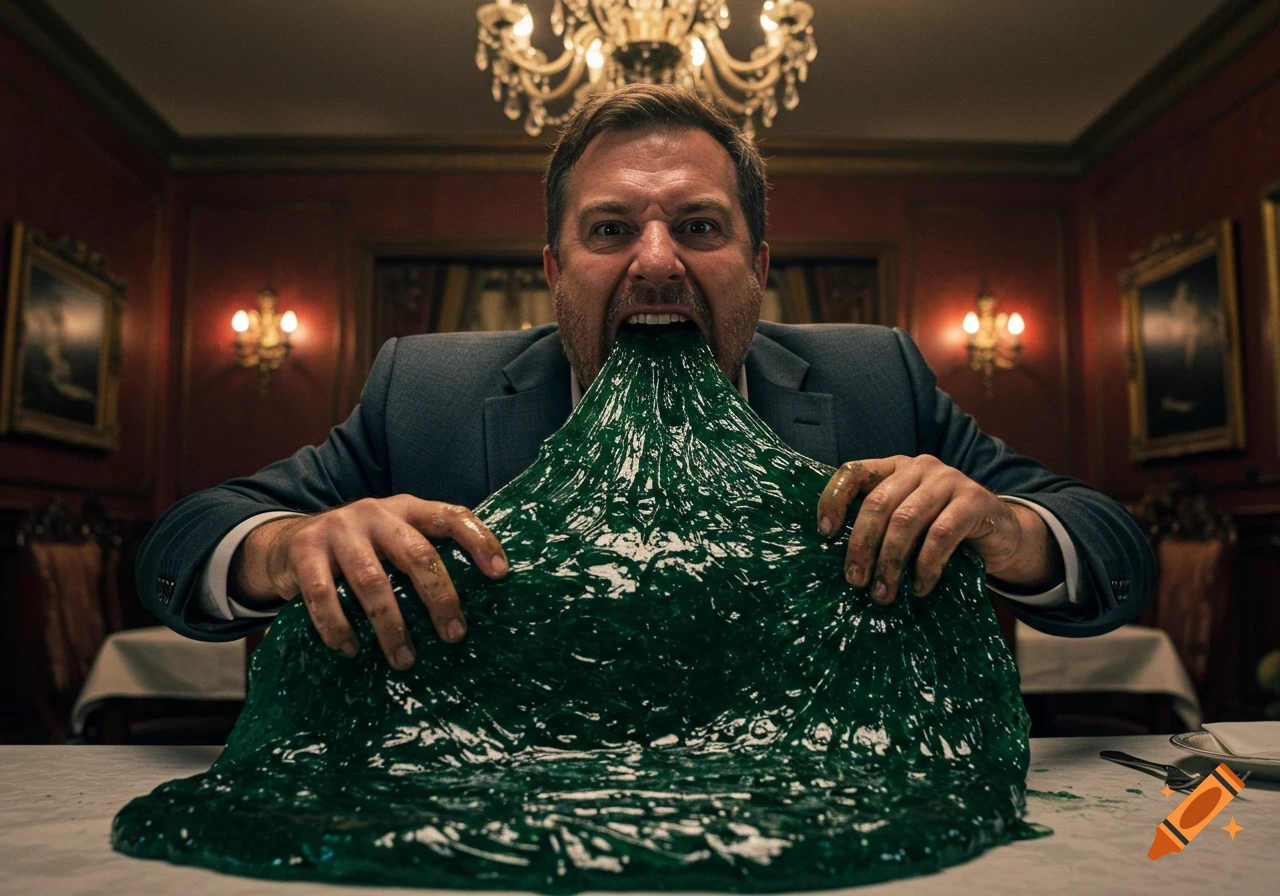 A man in a suit aggressively eats a large mass of green slime at a dinner table in a fancy room, looking directly at the viewer.