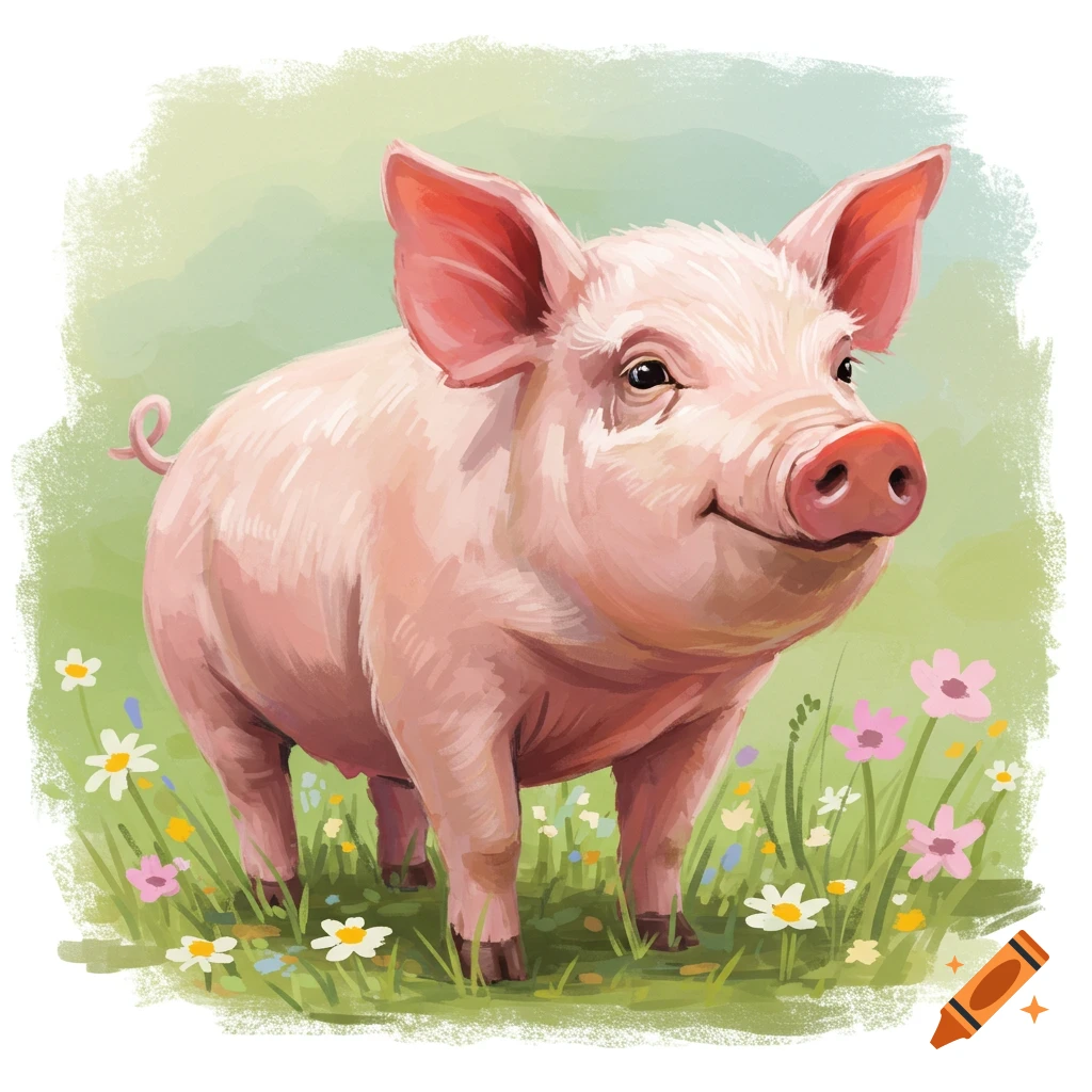 A cute pink pig with a small smile stands in a grassy field dotted with colorful wildflowers, in a watercolor style.