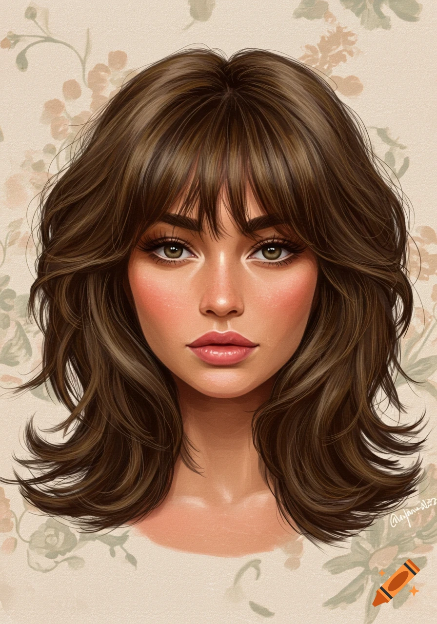 Digital illustration portrait of a woman with long layered brown hair, curtain bangs, and soft waves on a floral background.