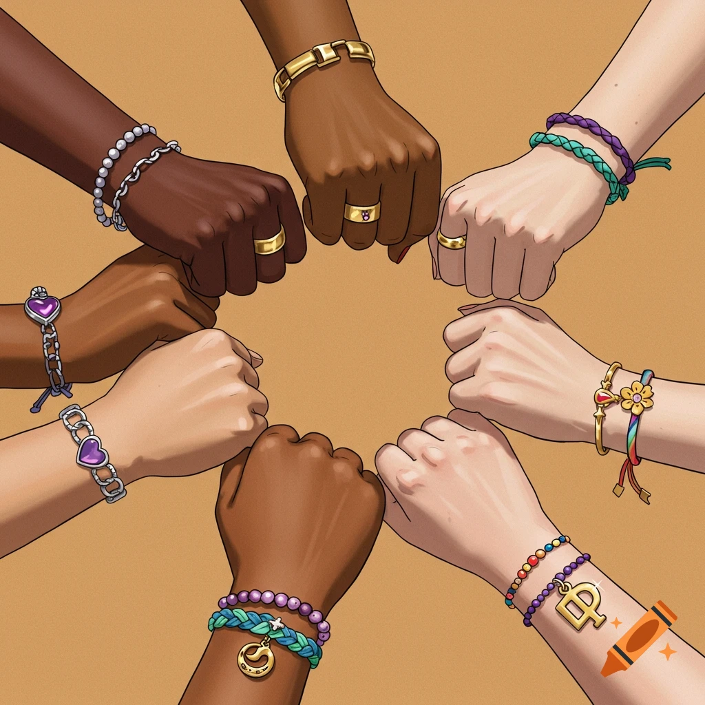 A close-up illustration of seven diverse fists in a circle, symbolizing unity, each adorned with unique bracelets and rings.