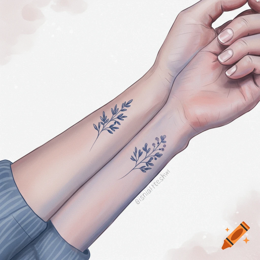 Close-up illustration of two arms with matching small blue botanical tattoos.