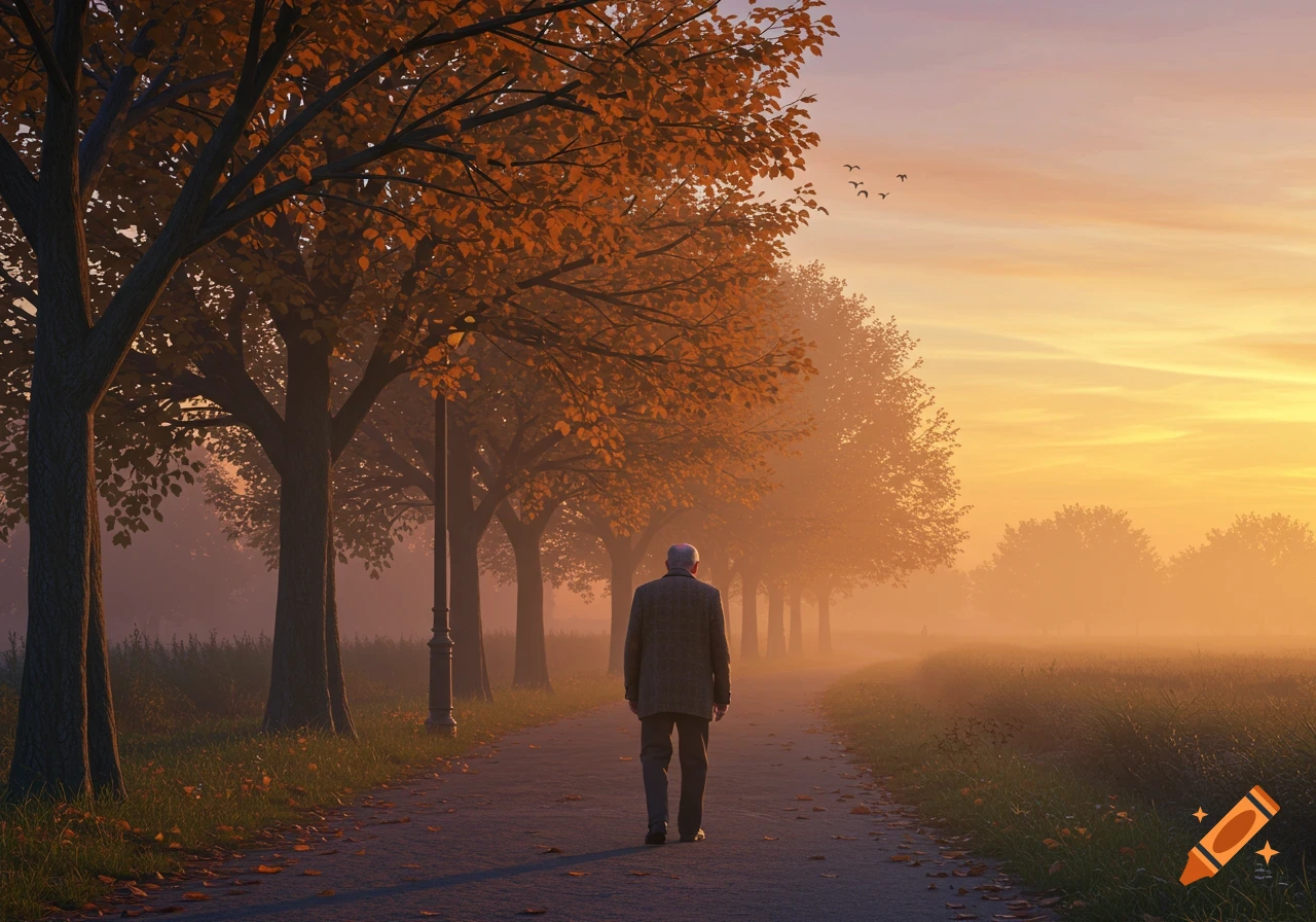 An old man walks down a tree-lined path in a misty autumn park, bathed in the golden light of sunrise or sunset.