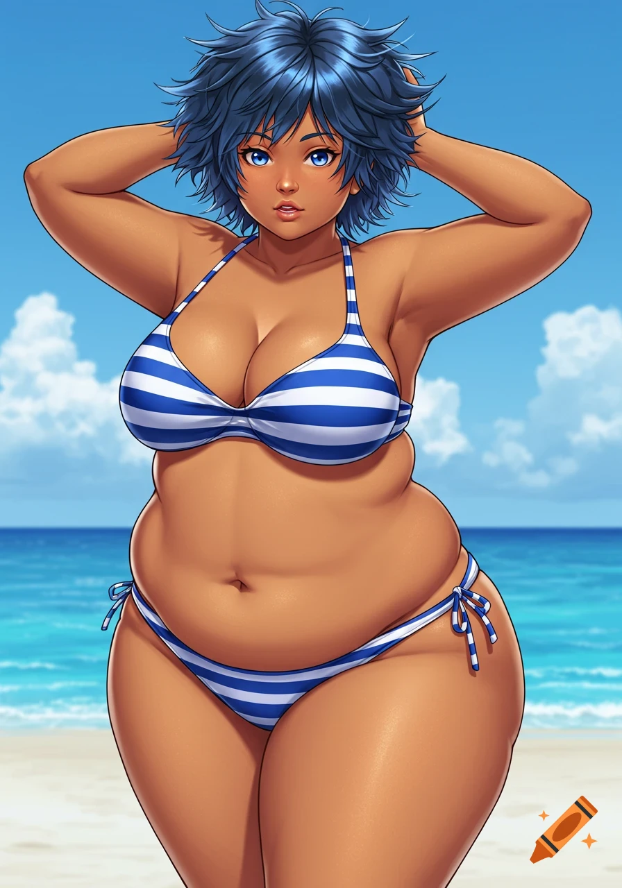 An anime-style, tan-skinned, plus-size woman with blue messy hair and blue eyes wears a blue and white striped bikini at the beach.