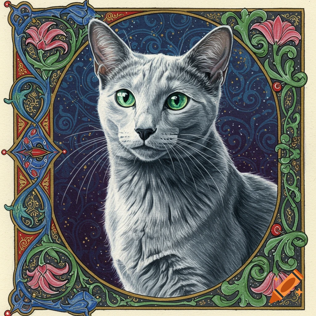 A portrait of a Russian Blue cat with bright green eyes, set in an ornate illuminated medieval manuscript style border.