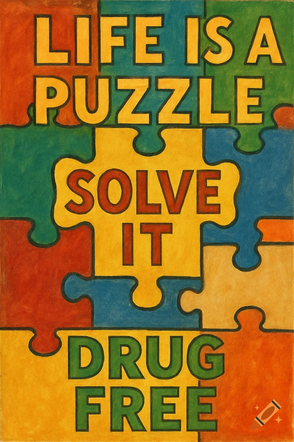 Colorful puzzle piece poster with text: 'Life Is A Puzzle, Solve It Drug Free.'