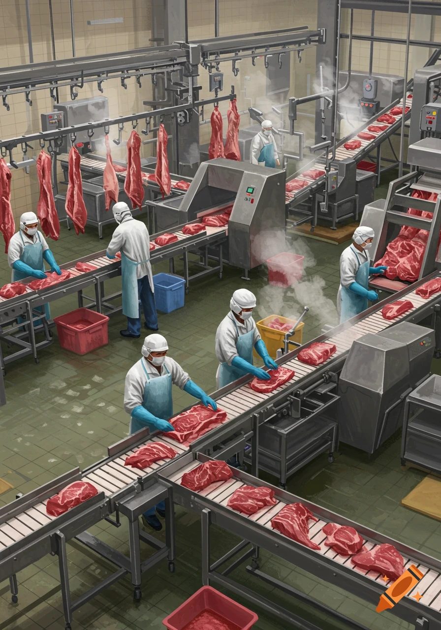 Workers in blue aprons and gloves process raw meat on conveyor belts inside a large industrial meat processing plant.