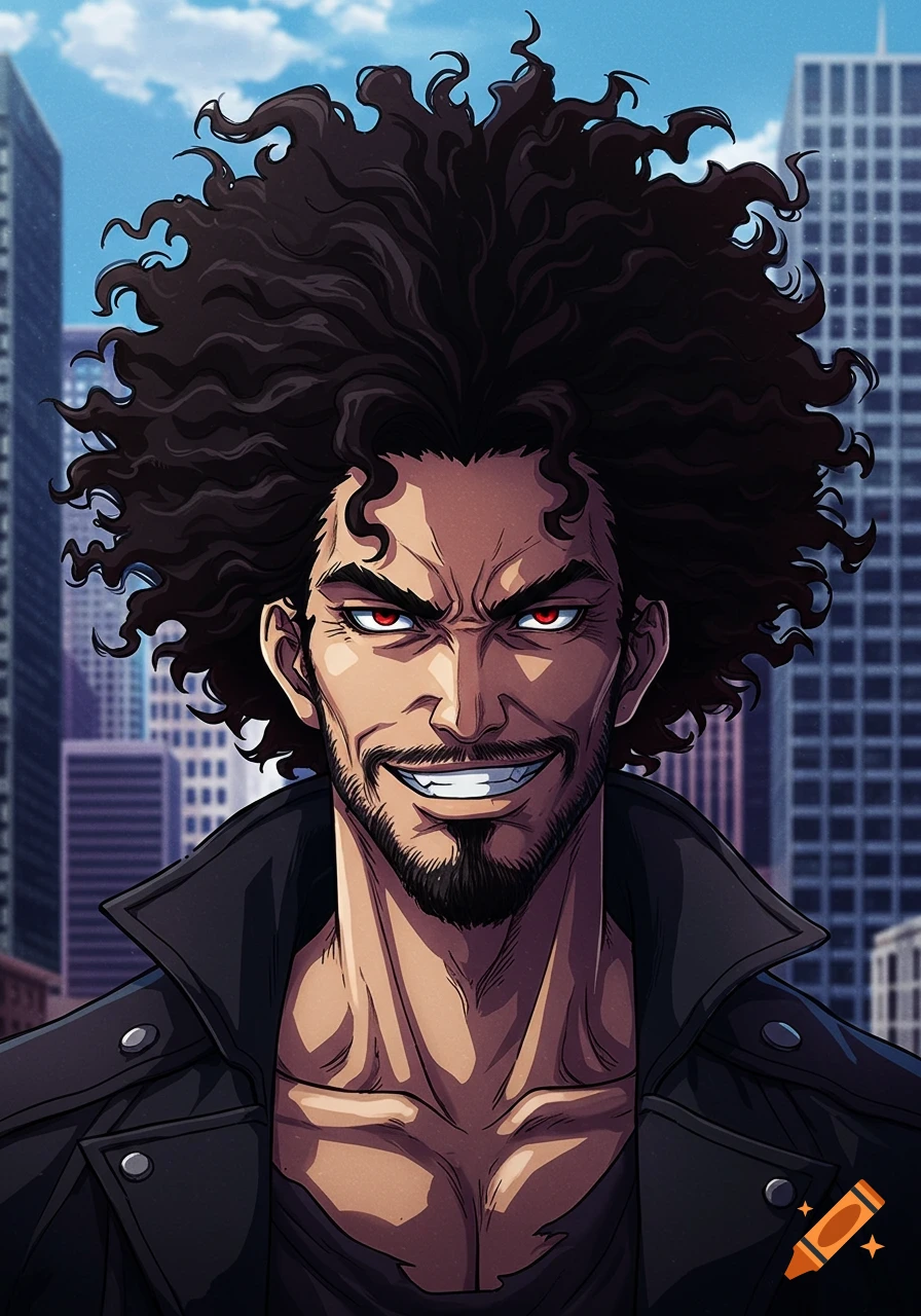 Anime-style character with dark curly hair, beard, red eyes, and a menacing smile wearing a black jacket, against a city background.