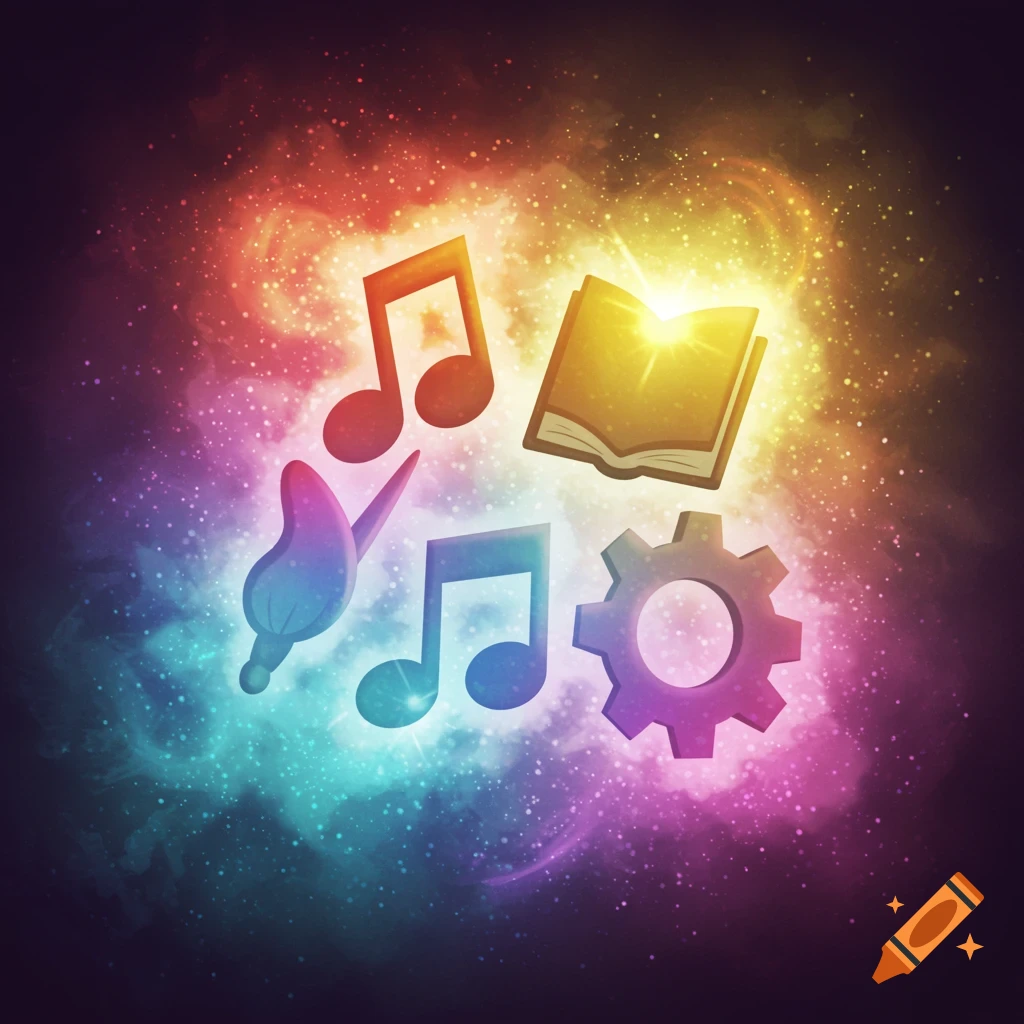 Colorful symbolic icons representing music, art, reading, and mechanics against a cosmic nebula background.