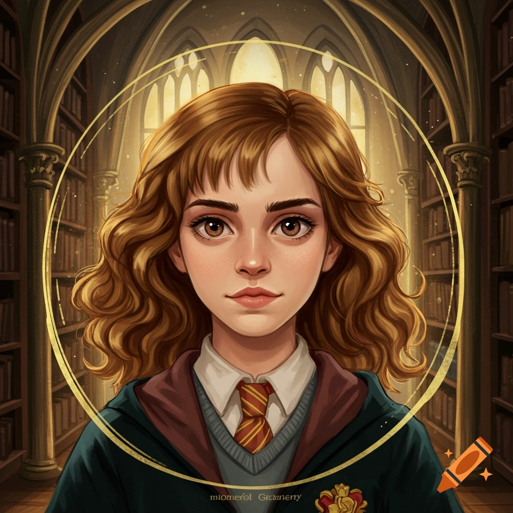 Stylized portrait of Hermione Granger in a Hogwarts uniform, with a golden halo, in a magical library.
