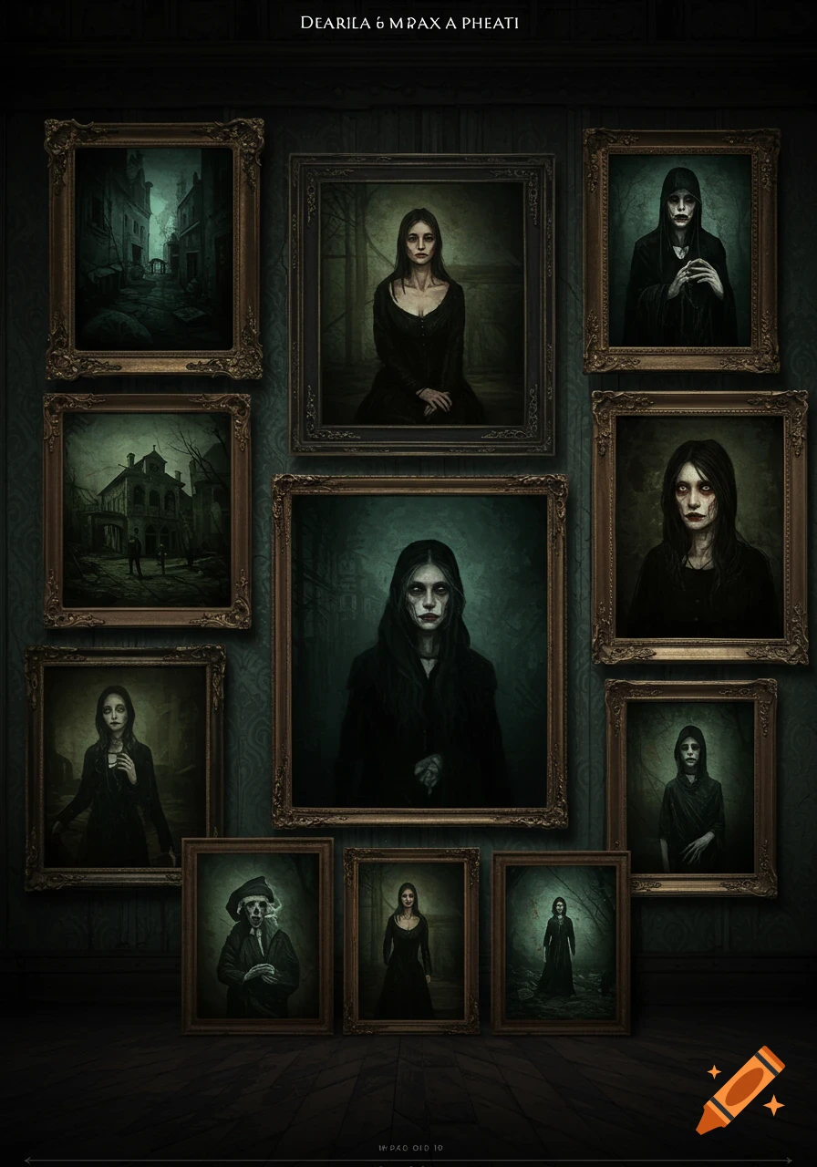 A collection of dark, gloomy gothic portraits and landscape paintings in ornate frames on a textured wall.