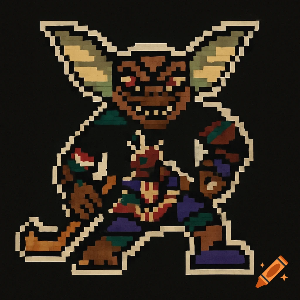 A menacing pixel art creature resembling a Gremlin in a multi-colored sports uniform, on a black background.