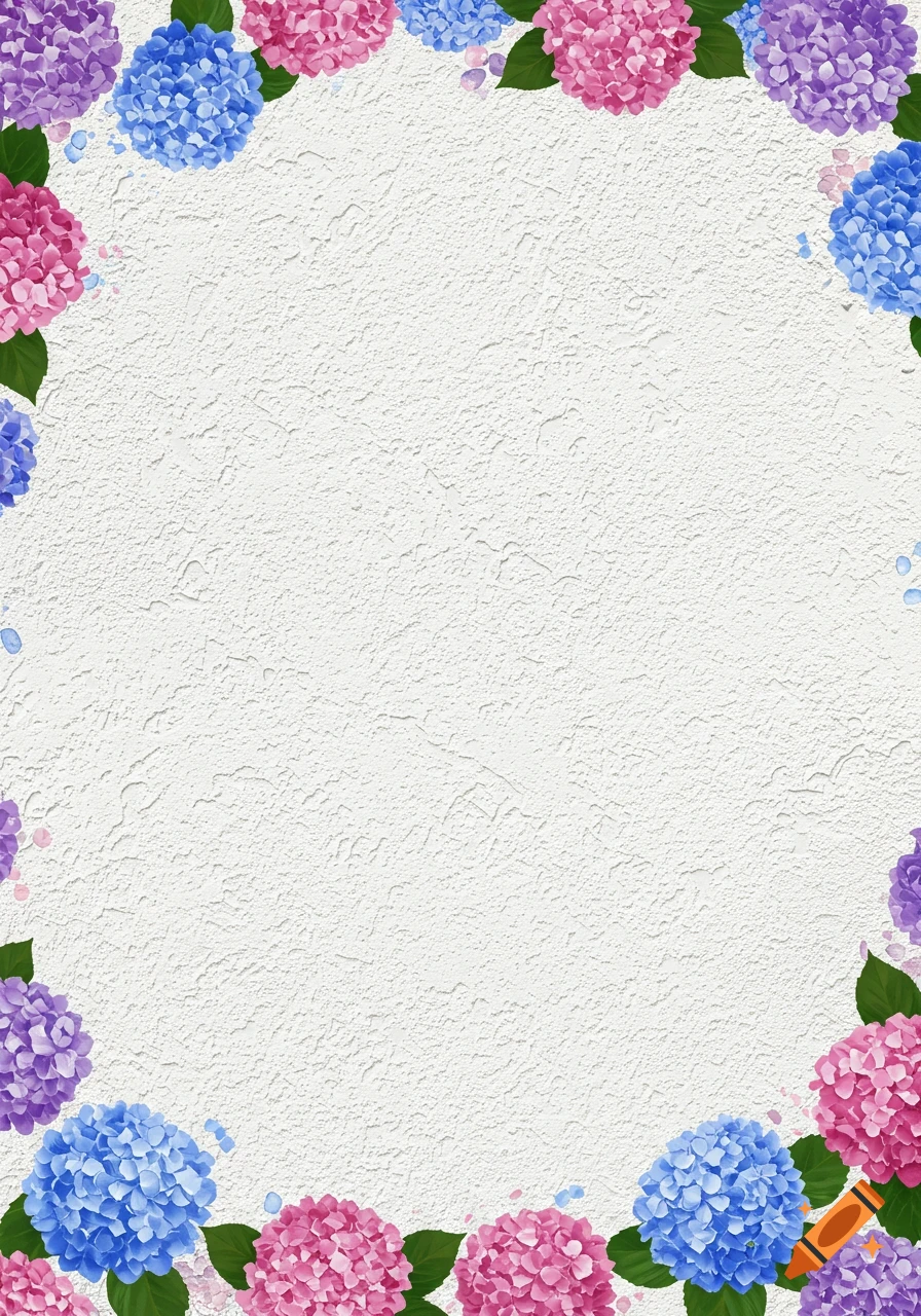 A white stucco background with a border of pink, blue, and purple hydrangea flowers.