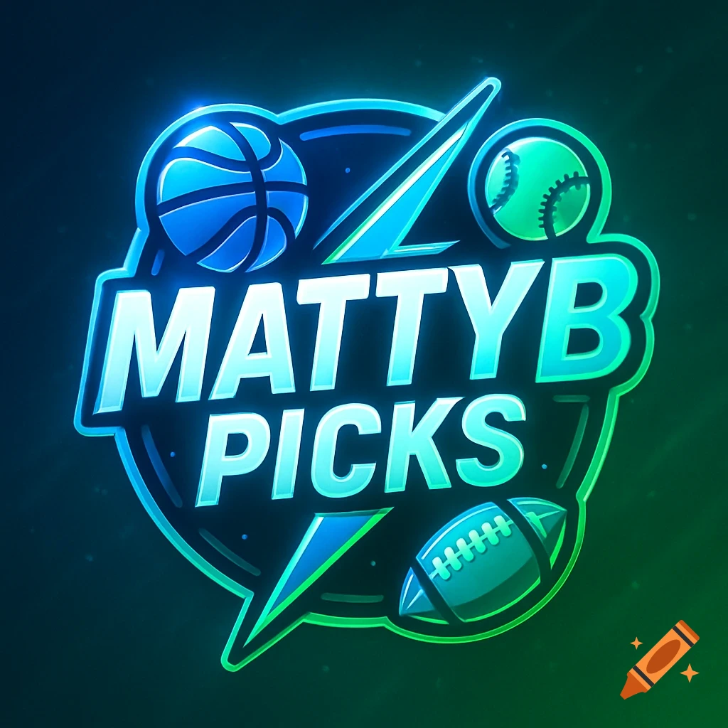 A vibrant blue and green gradient sports logo with the text MATTYB PICKS, a basketball, baseball, football, and a lightning bolt.