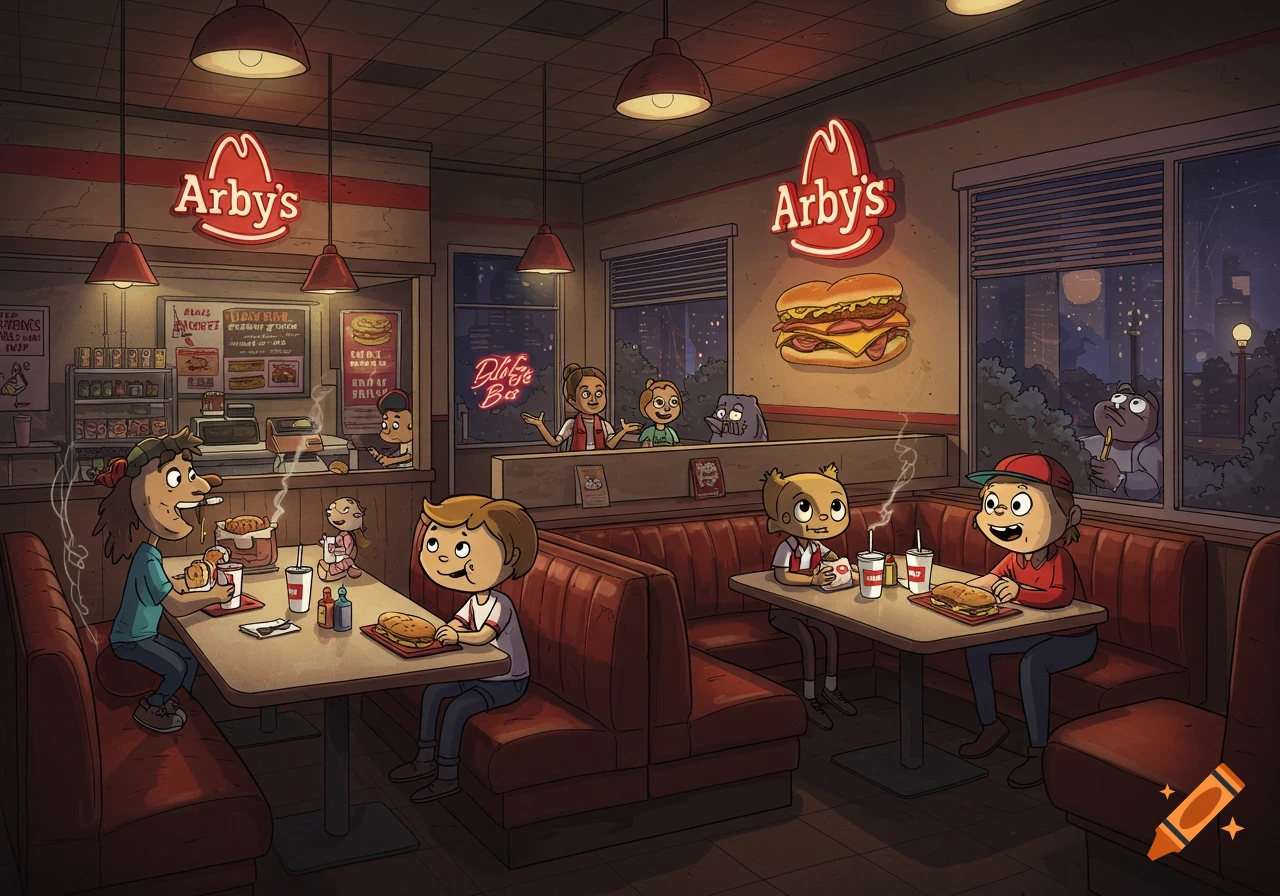 A cartoon illustration of an Arby's restaurant late at night, with several unique characters eating and interacting in booths and at the counter.