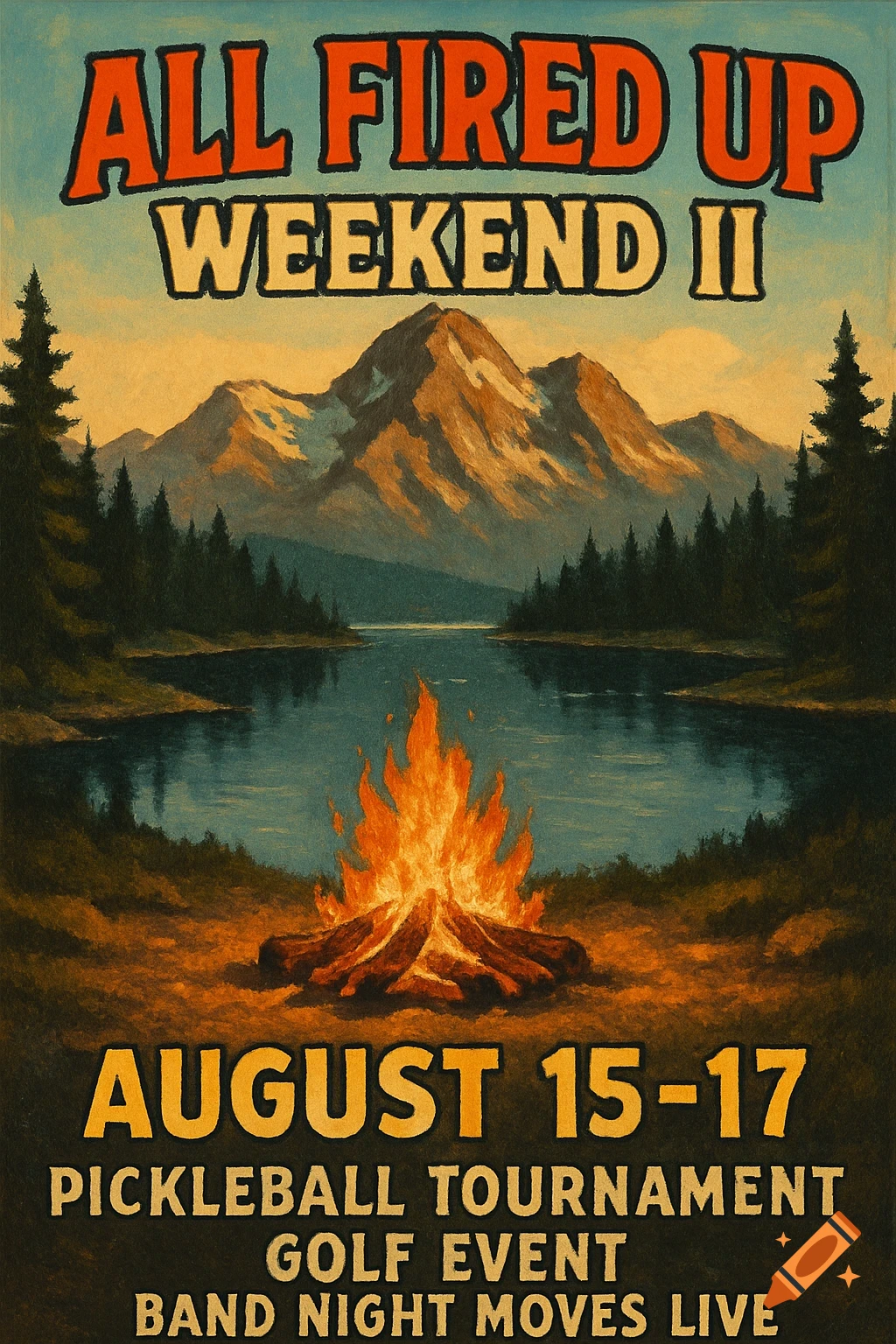 A vintage-style painting of a mountain lake and forest with a campfire in the foreground. Text advertises 'All Fired Up Weekend II' with event details.