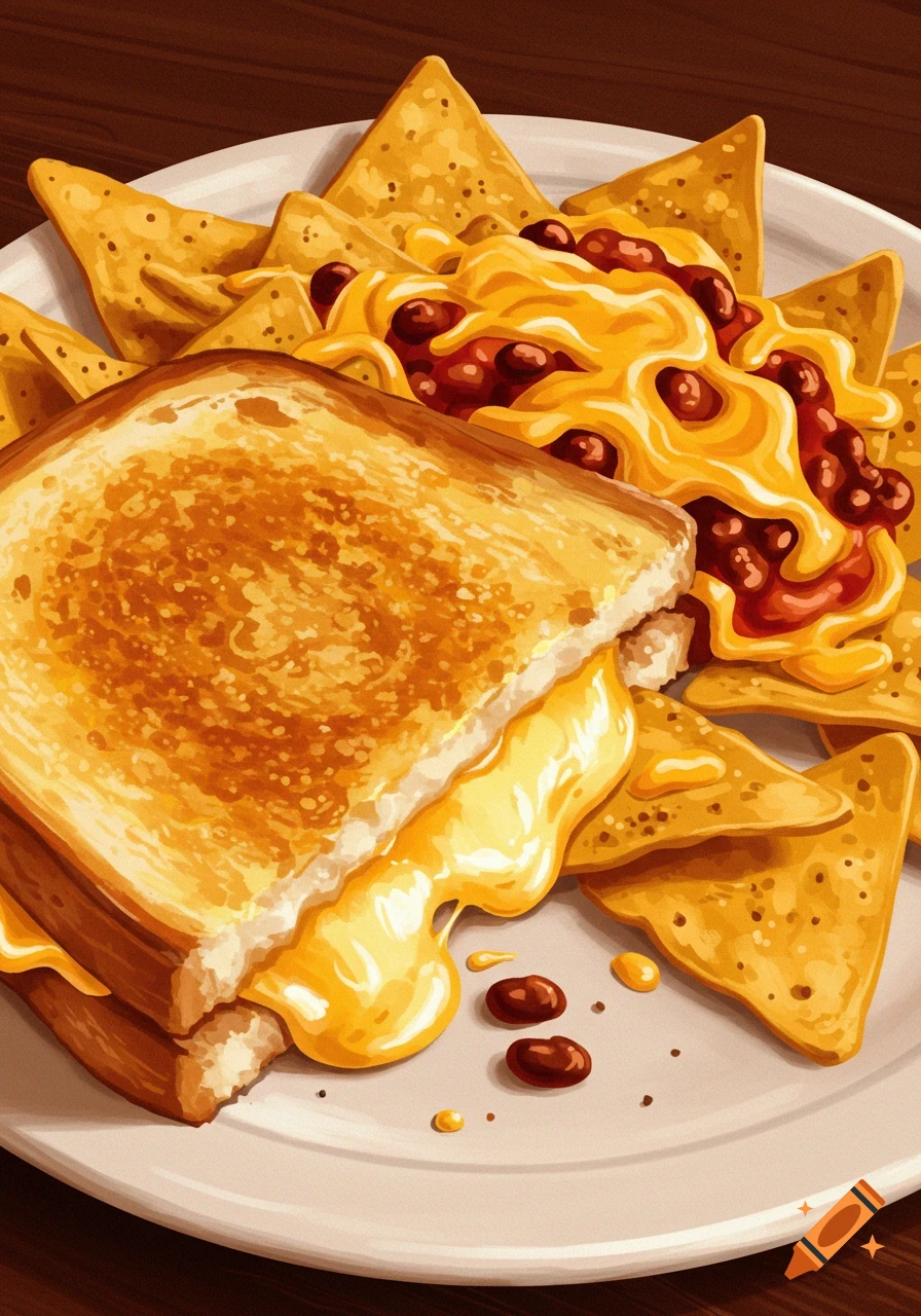 A grilled cheese sandwich with melted cheese served on a plate with chili cheese nachos in a stylized illustration.