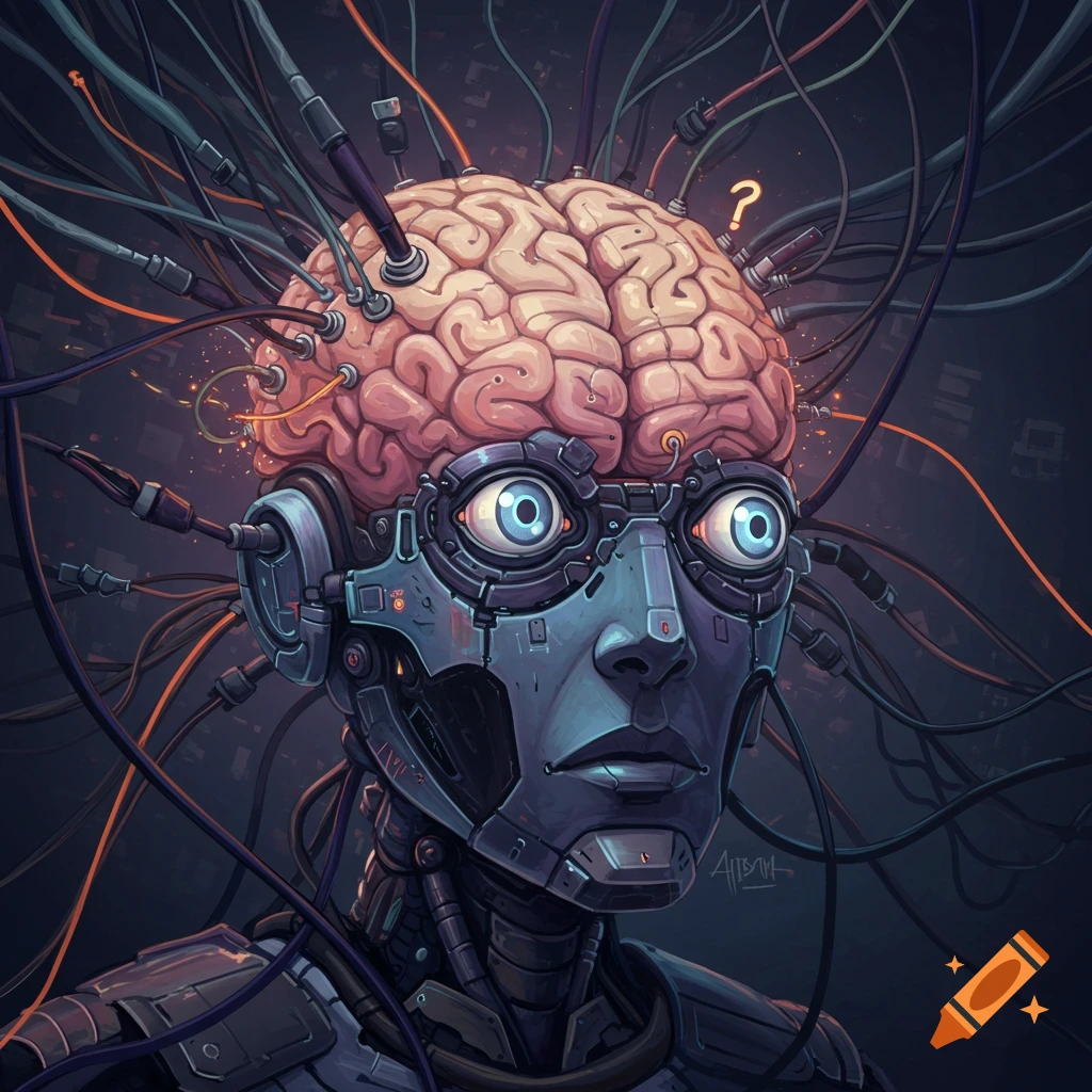 A stylized cyborg head with an exposed brain covered in wires, and a question mark symbol hovering above.