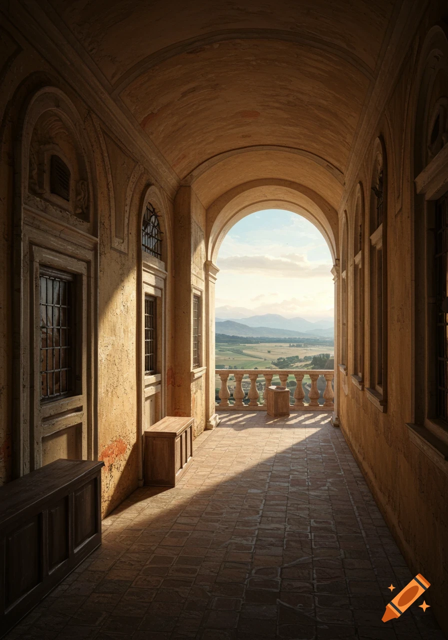 A photorealistic view down a long, arched stone hallway to a balcony overlooking a green valley and mountains.