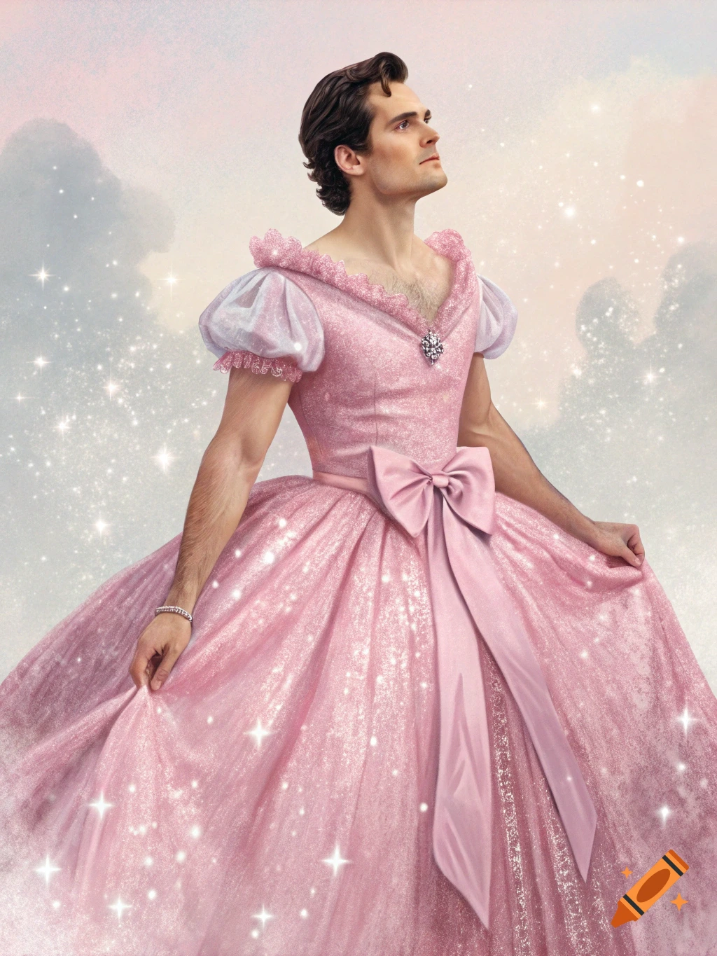 Henry Cavill in a sparkling pink princess dress, looking up amidst a starry, cloud-filled background.