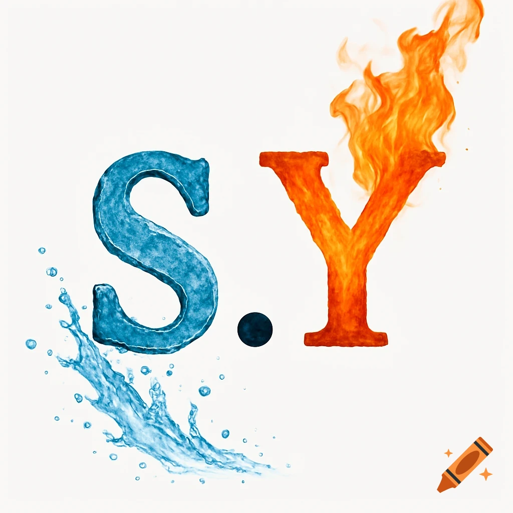 Stylized blue ice letter 'S' with water, next to an orange fiery letter 'Y' with flames, on a white background.