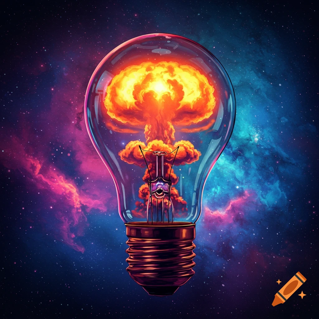 A vibrant digital art image of a light bulb with a fiery mushroom cloud inside, set against a colorful cosmic background of nebulae and stars.