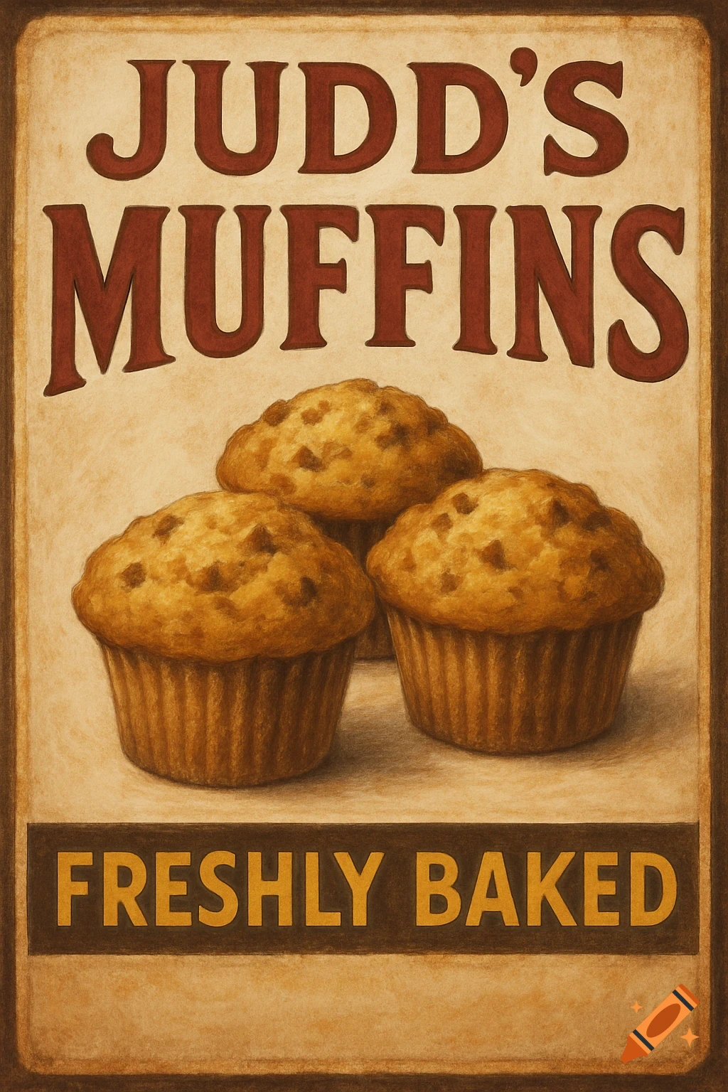 A vintage-style poster advertising Judd's Muffins, featuring three golden-brown chocolate chip muffins and the text 'Freshly Baked'.