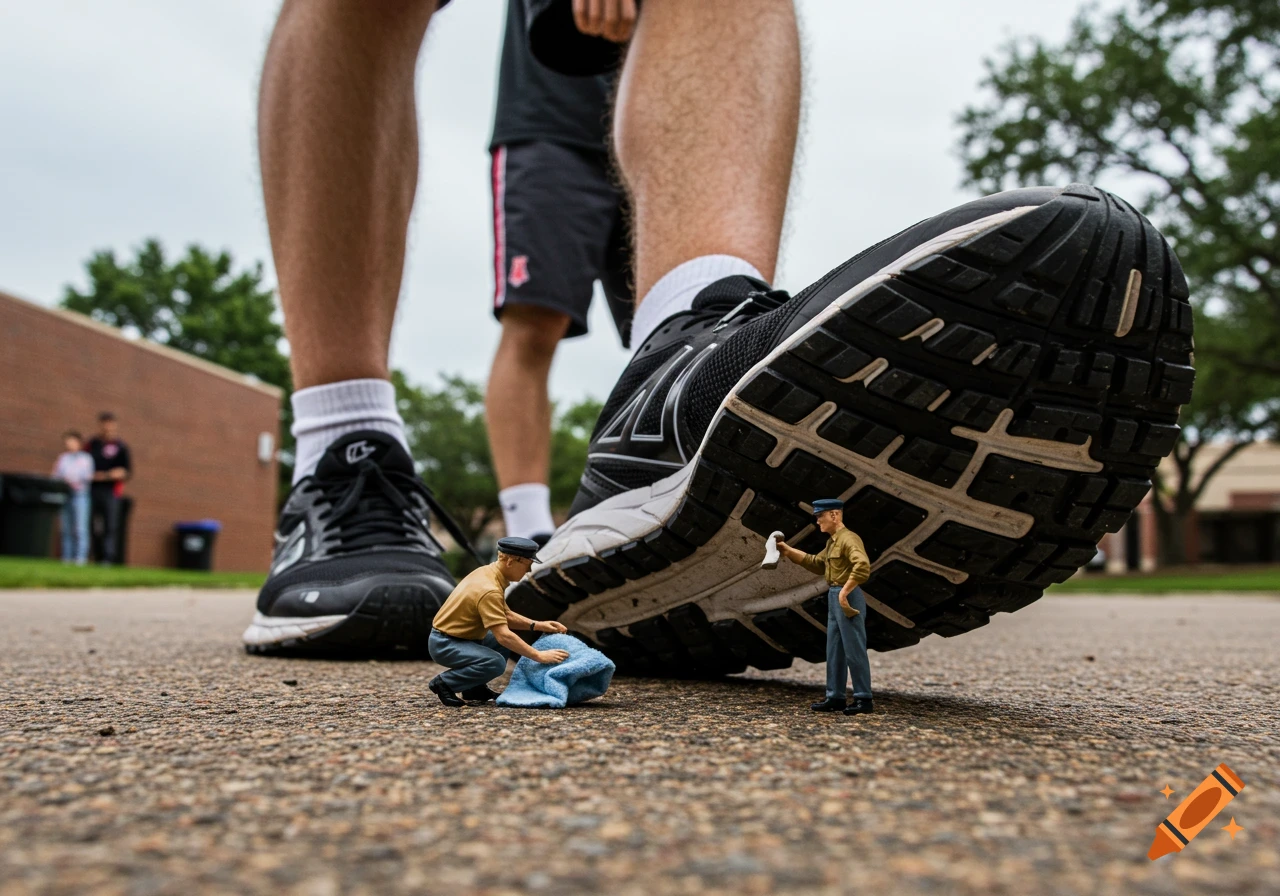 A ground-level, low-angle view shows a large shoe on a paved surface, with two tiny men cleaning the sole.