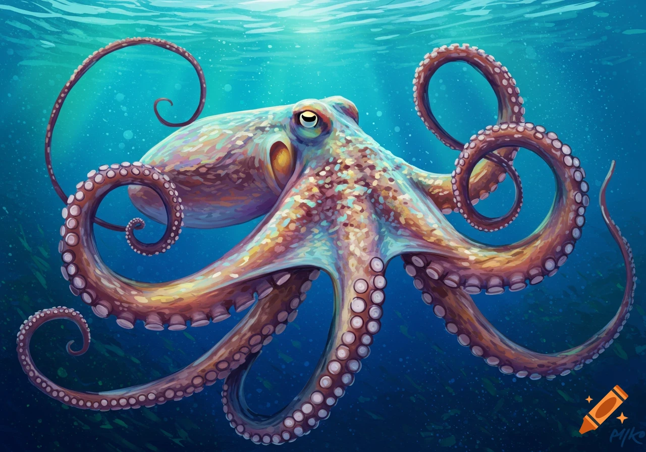 A vibrant, colorful octopus with intricate patterns swims gracefully underwater, illuminated by light rays from the surface, in an artistic illustration style.