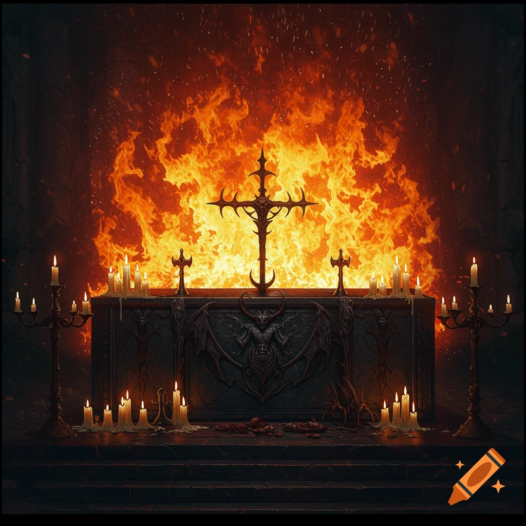 A dark gothic altar with stylized crosses and lit candles, set against a dramatic backdrop of raging flames.