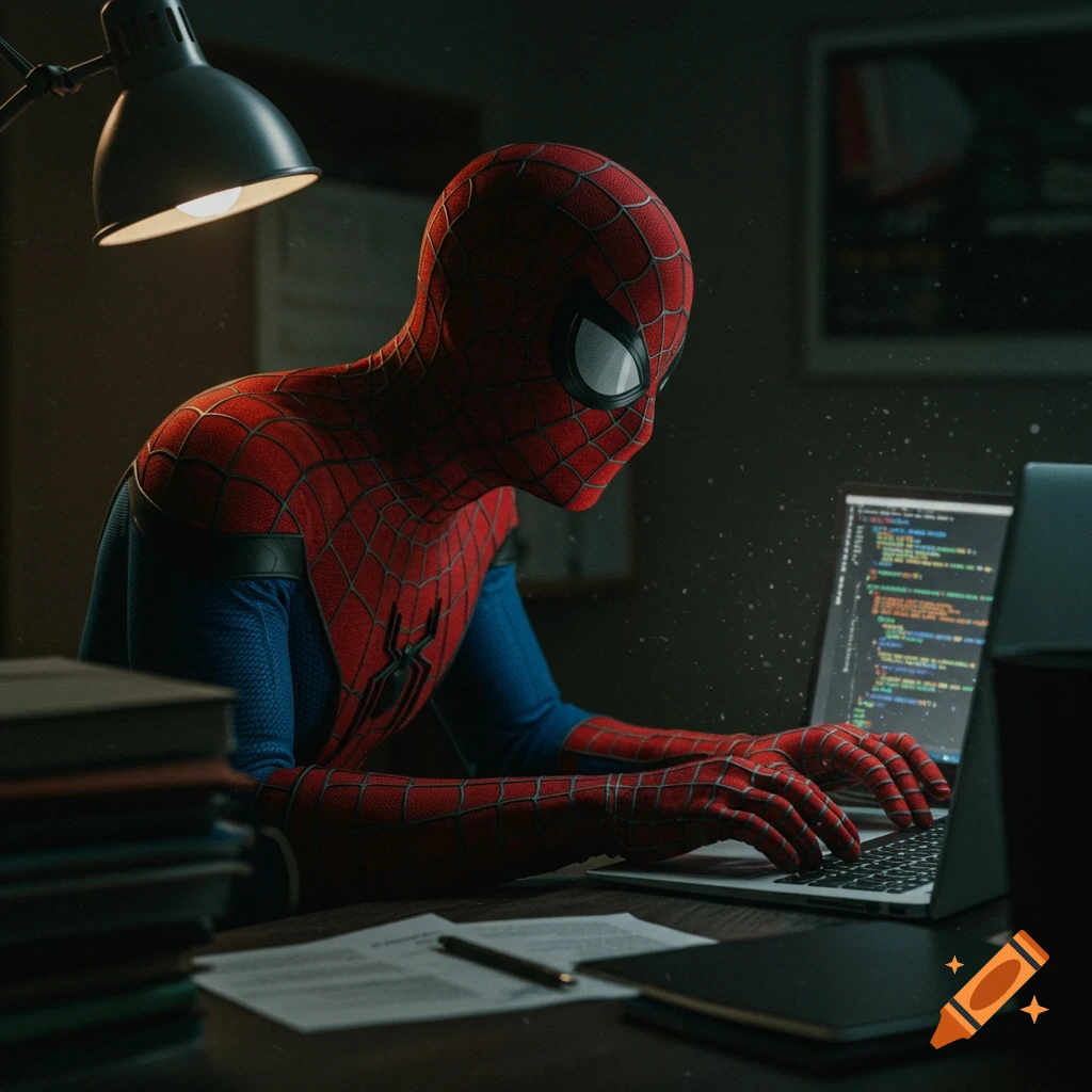 Spiderman sits at a desk in a dimly lit room, typing on a laptop with garbled code on the screen, with books and a lamp nearby. Photorealistic style.