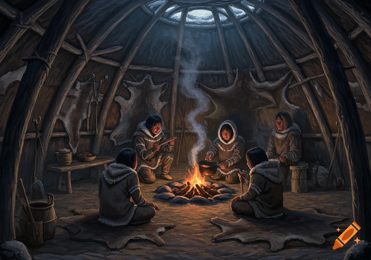Illustration of several people in traditional clothing gathered around a fire inside a dimly lit, skin-covered hut.