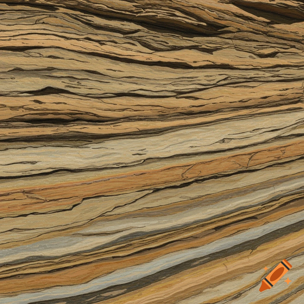 Layers of brown, beige, and orange sedimentary rock with wavy black lines, resembling a statistical realism painting.