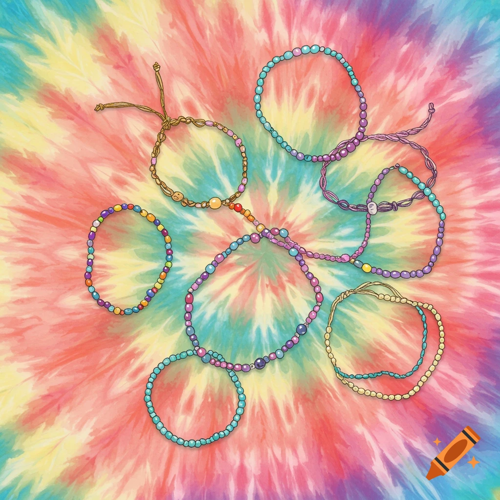Colorful beaded bracelets on a vibrant tie-dye background, in an illustrative style.