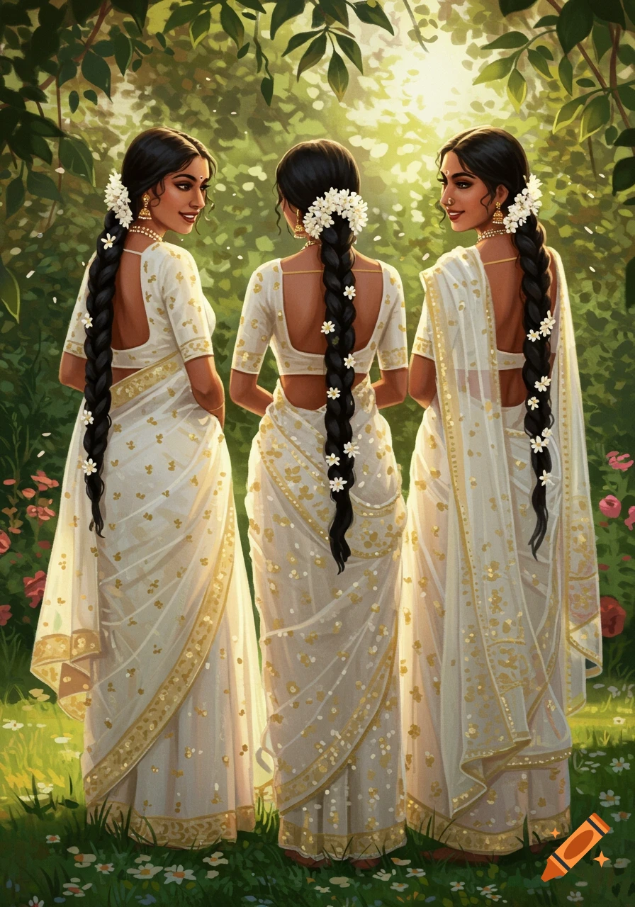Three Indian women in white sarees with long braided hair and jasmine flowers stand in a lush green garden with sunlight.