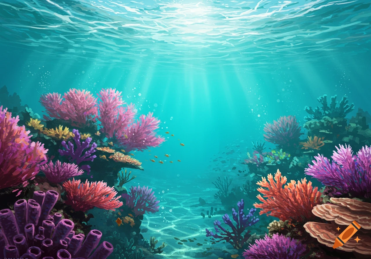 Vibrant underwater scene with colorful coral reefs, small fish, and sunlight streaming through the clear blue water.