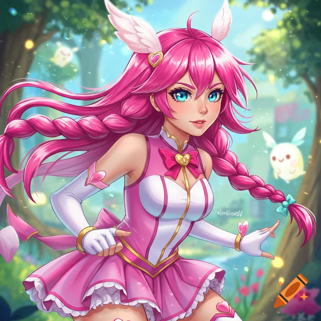 Anime girl with long pink braids, blue eyes, and white wings, wearing a pink and white magical girl outfit in a whimsical forest with glowing spirits.