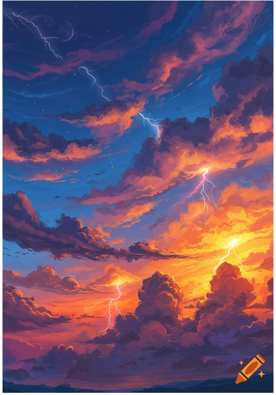 Vibrant orange and blue stormy sky with dramatic lightning, fluffy clouds, and distant moons.